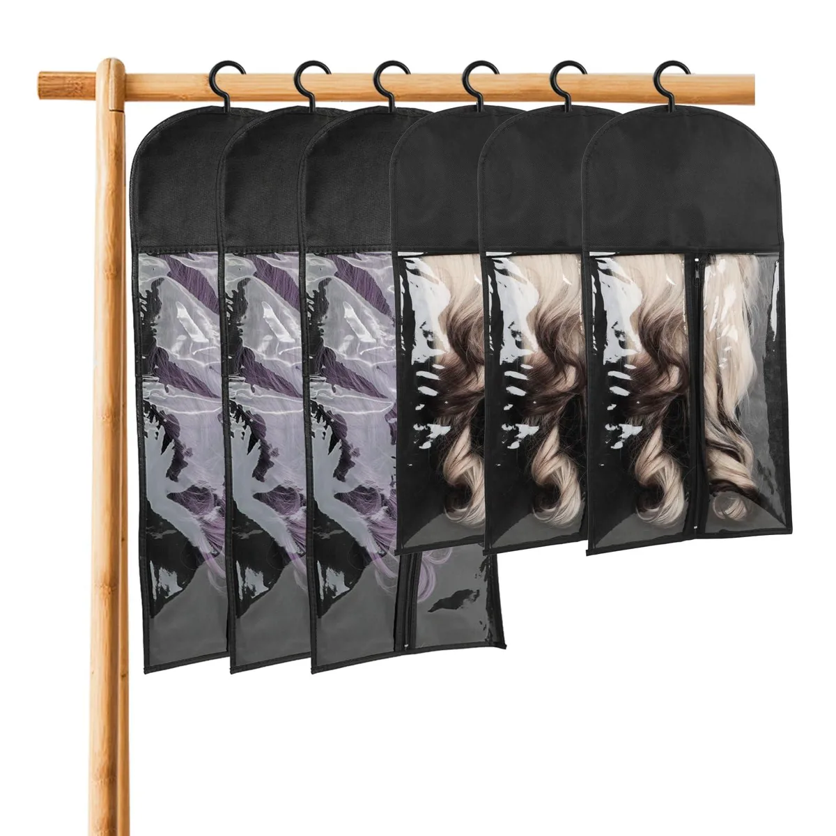  6PCS Wig Storage Bags With Hangers Black 3 Large 3 Small — product photo
