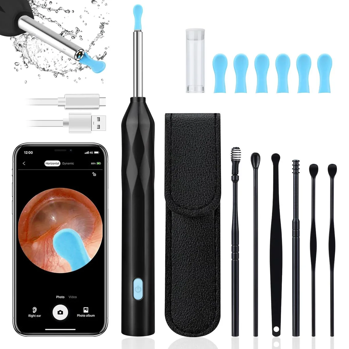 Black ear otoscope with camera and six LED lights