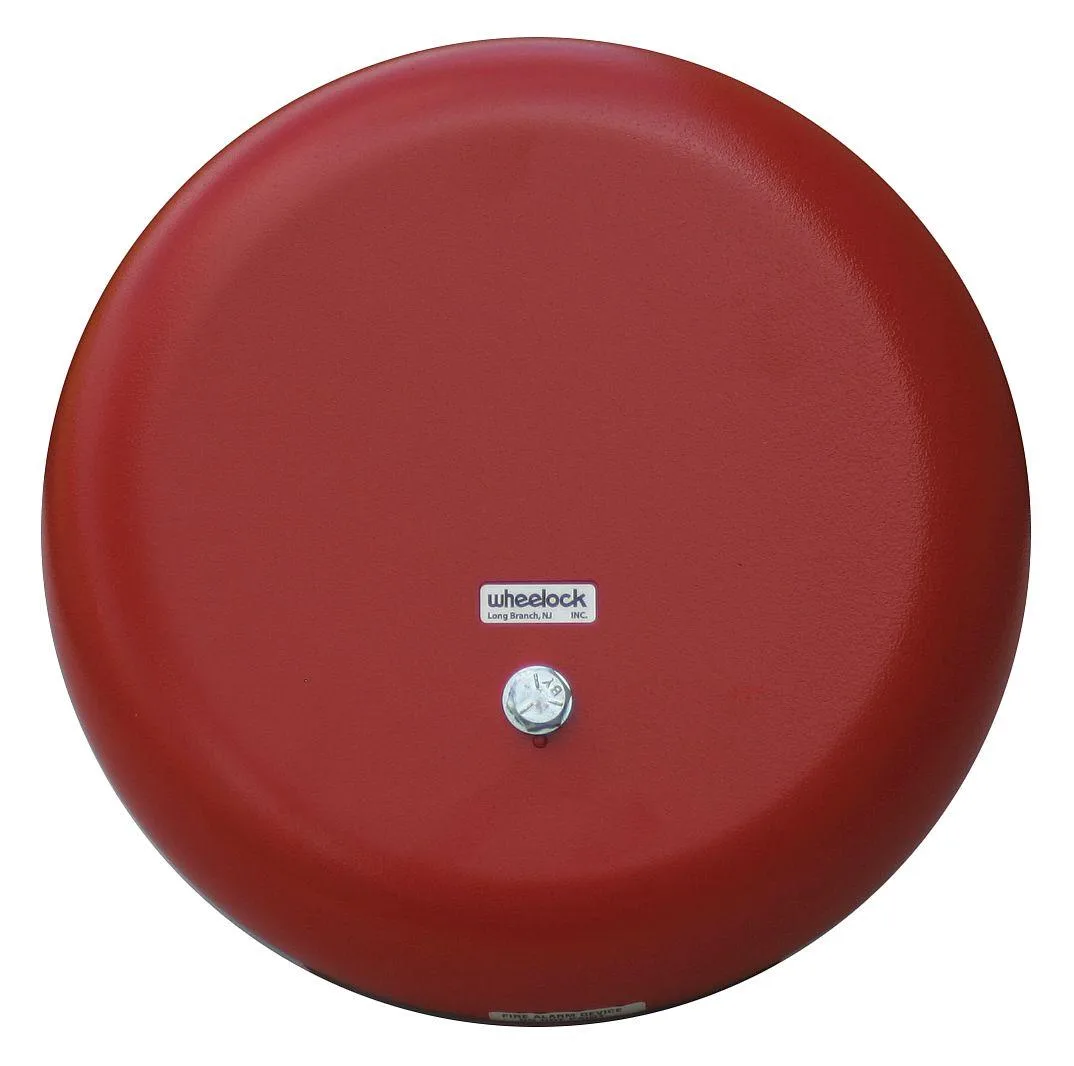 Red metal alarm bell, six inches square, two point seven five inches deep