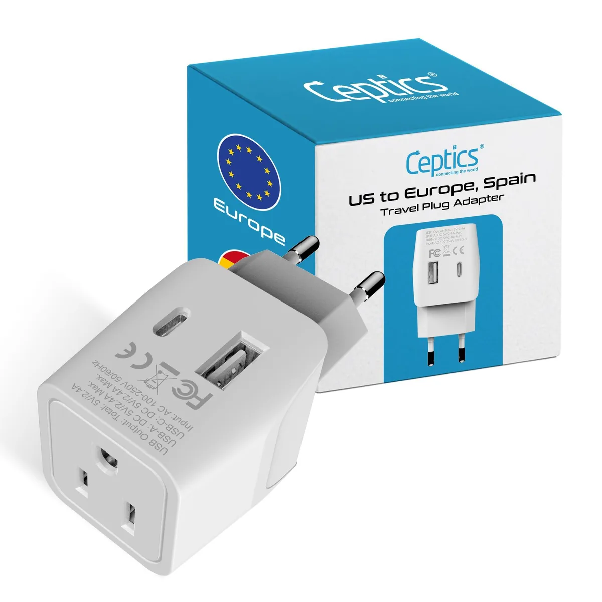 Compact black EU travel adapter with USB-A and USB-C ports