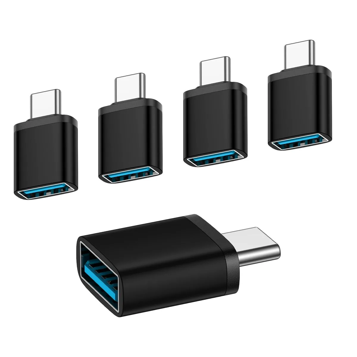 Five black USB-C male to USB-A female adapters side by side