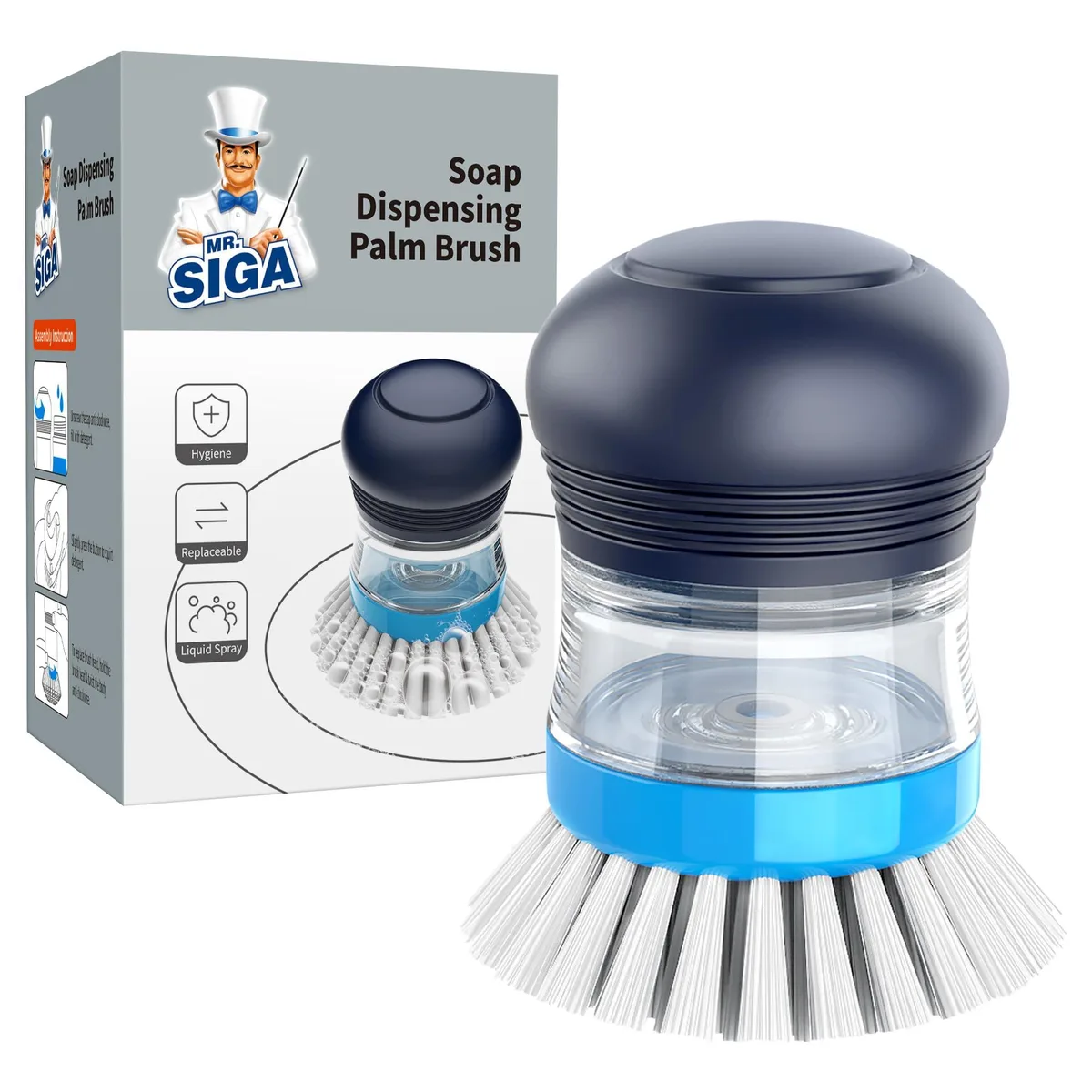 Navy blue soap-dispensing palm brush with push-button top and nylon bristles