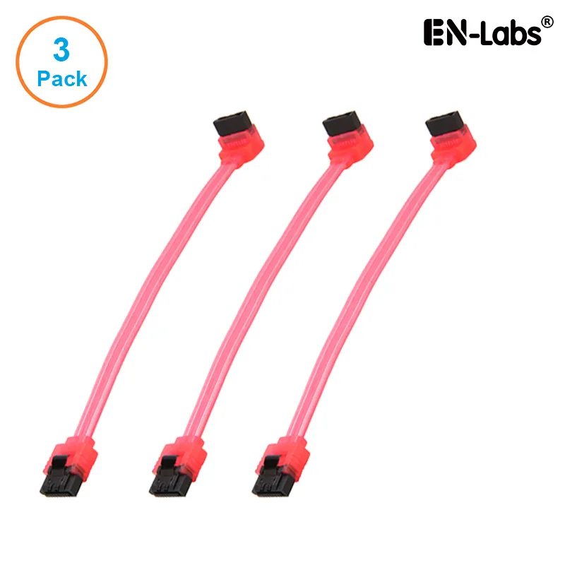 EN-Labs EN-Labs 3PKSATAIII6RDA 3-pack SATA cable straight to 90° right-angle UV Red 6 inch locking latch — product photo