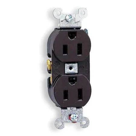 Brown nylon duplex receptacle with two grounded slots and a round ground hole, flush-mount design