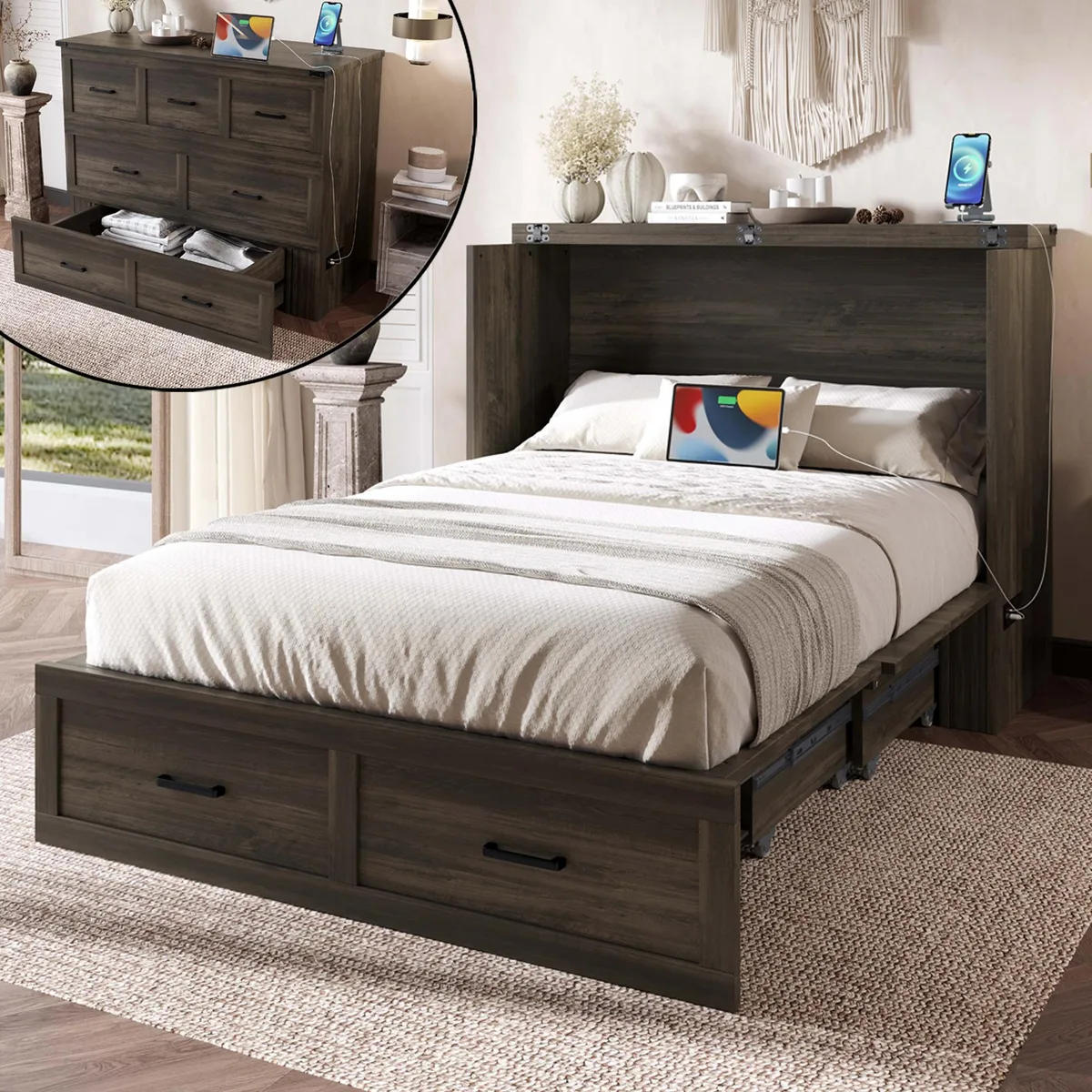 Rustic gray wooden Murphy bed cabinet folded upright with charging panel visible