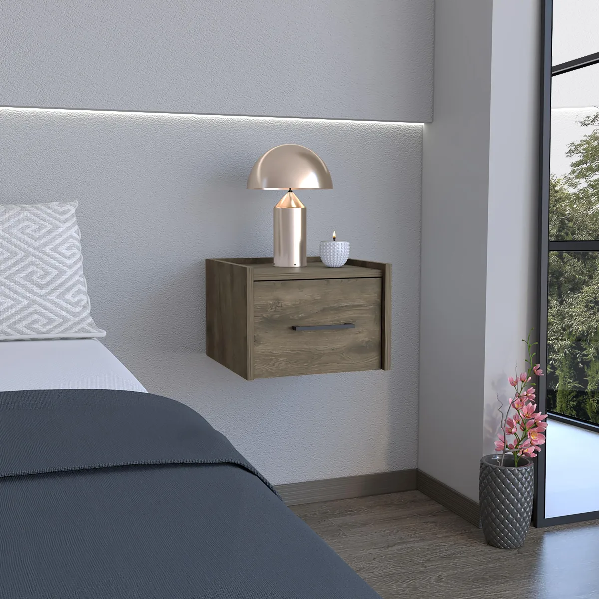 Dark brown wall-mounted nightstand with single drawer and top surface