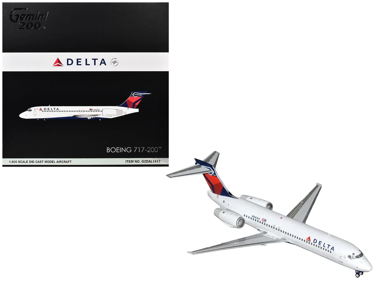 1/200 scale diecast Boeing 717-200 Delta Air Lines model white blue red tail with display stand