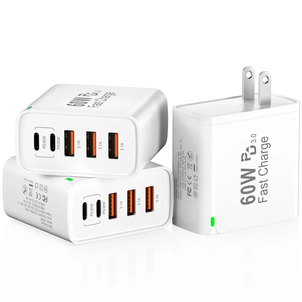  Caniifoto WA5P-3 3-pack 60W 5-port USB-C wall charger white — product photo