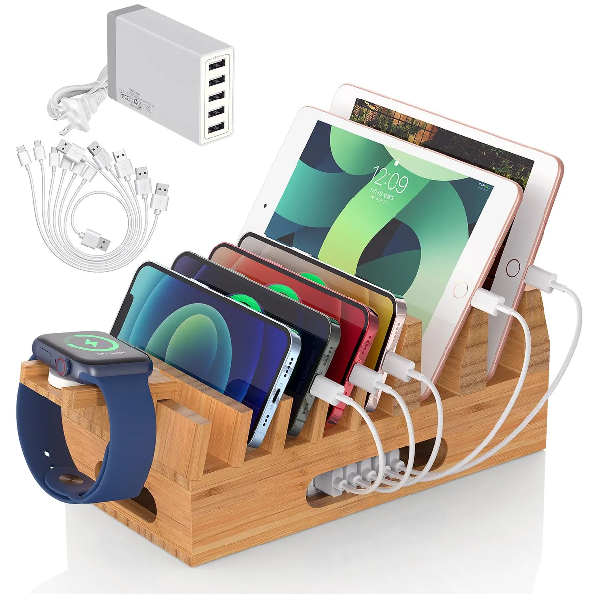 Beebo Beabo Beebo Beabo Bamboo Charging Station Organizer V1 5 USB Cables 5-Port Charger — product photo