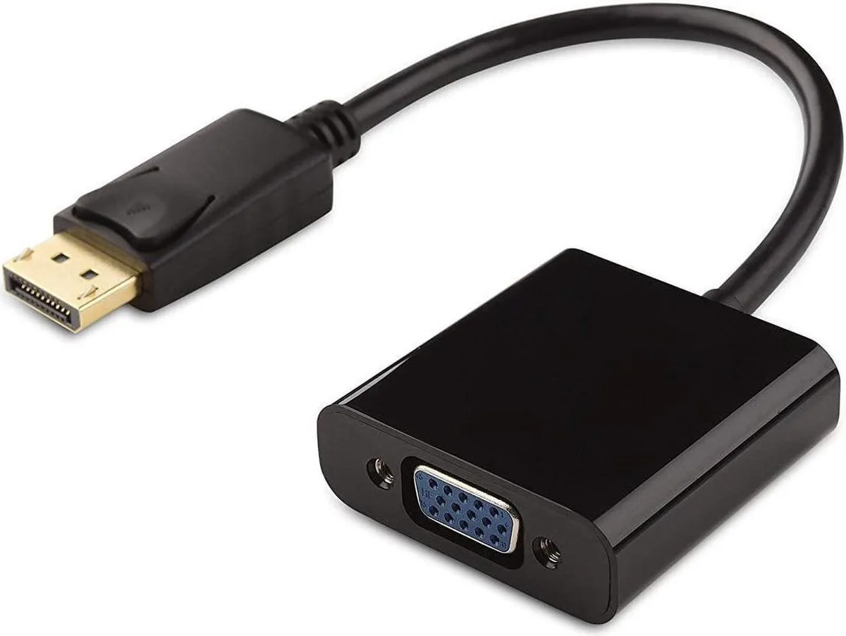 Black DisplayPort to VGA adapter with gold connectors