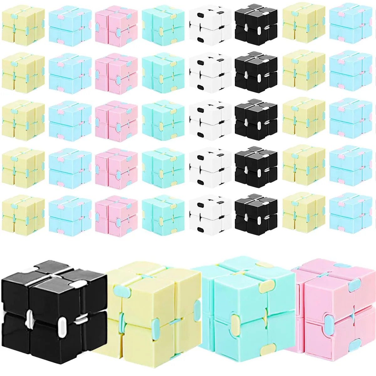 36 small plastic infinity cubes in sweet pastel colours, each about 1.57 inches square, shown together in a group