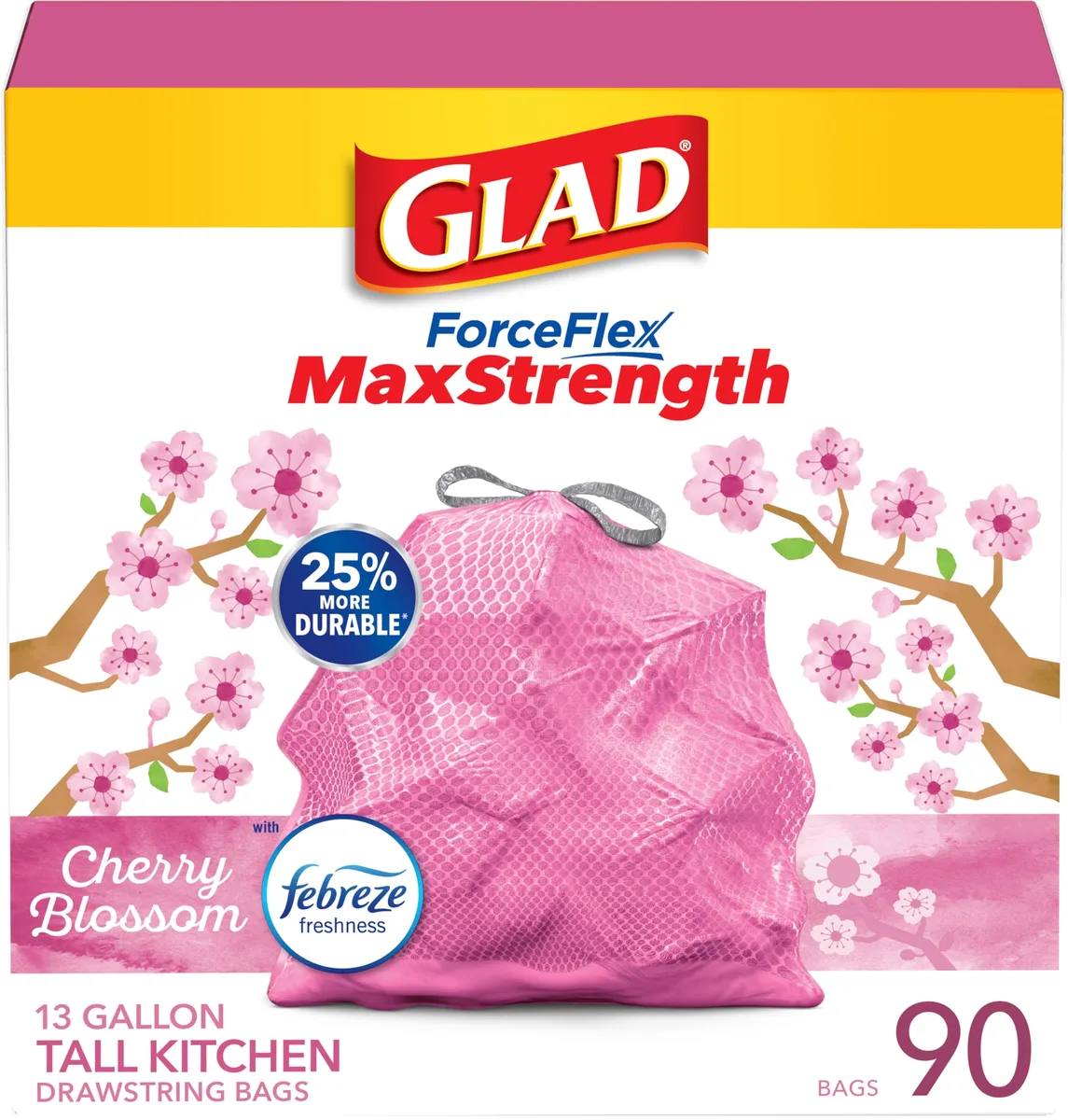 Pink drawstring trash bags in a rectangular box, 13 gallon 90 count