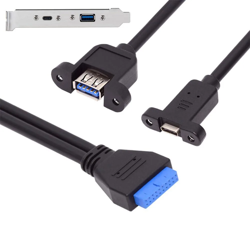 Fervit Fervit USB 3.0 19/20Pin to USB-C &amp; USB 3.0 Dual Port PCI-E Back Panel Cable — product photo