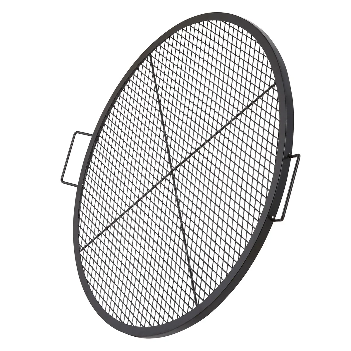 Round black steel fire pit grill grate with handles and support wires, 36 inches wide