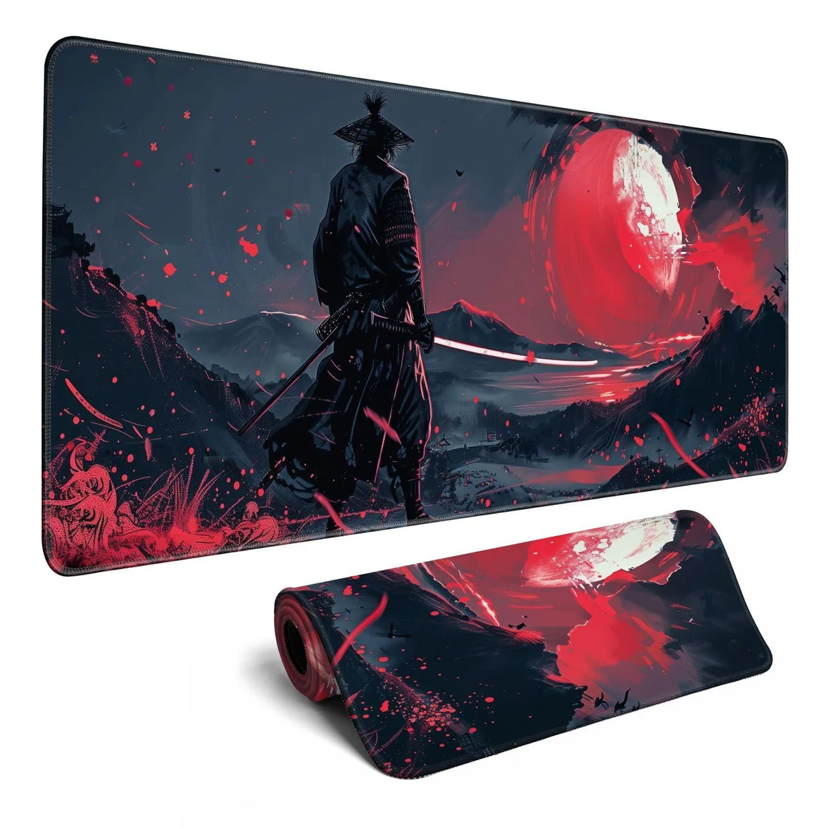 Black rectangular desk mat 31.5 by 11.8 inches with Japanese samurai artwork and stitched edges