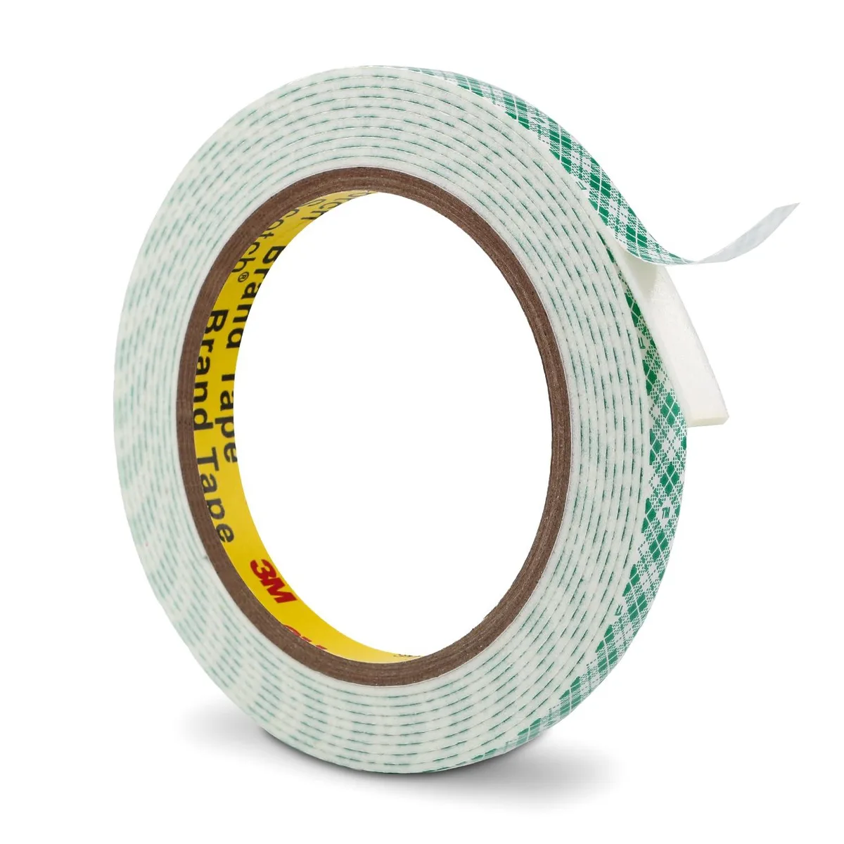 White double-sided foam tape roll, 0.39 inch wide by 10 feet long, off-white foam with kraft paper liner