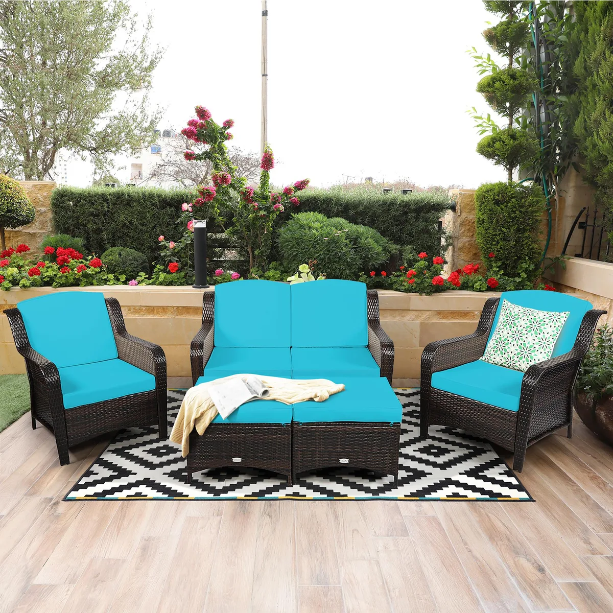 Costway Costway 5-Piece Patio Rattan Set Turquoise Cushions — product photo