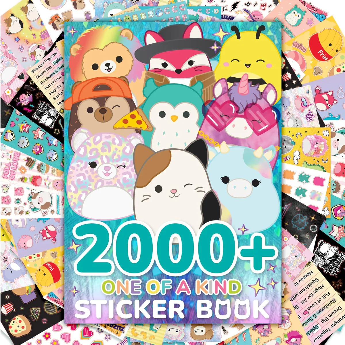 Glue-bound sticker book with 43 sheets of Squishmallows designs, pink cover, 5.75 by 8 inches