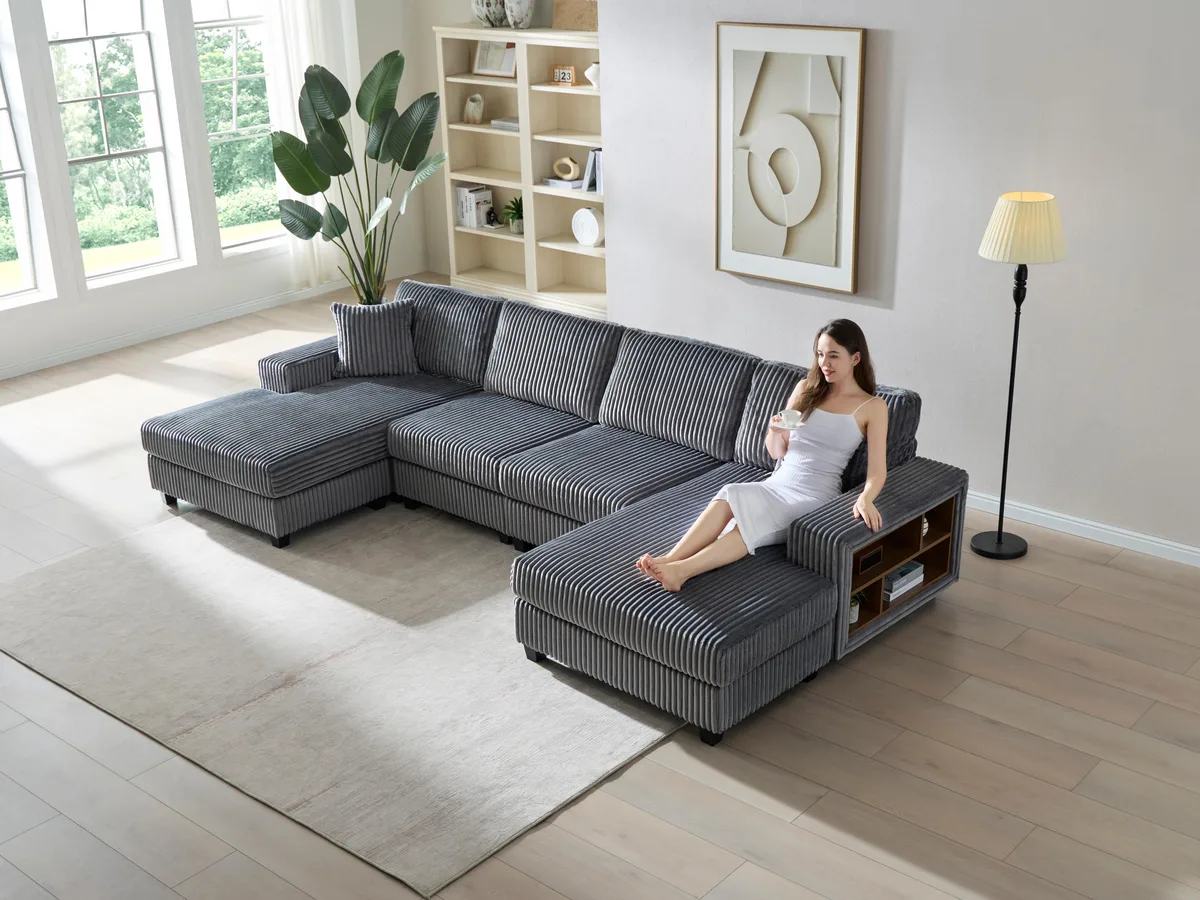 Dark grey corduroy U-shaped sectional sofa with wood frame