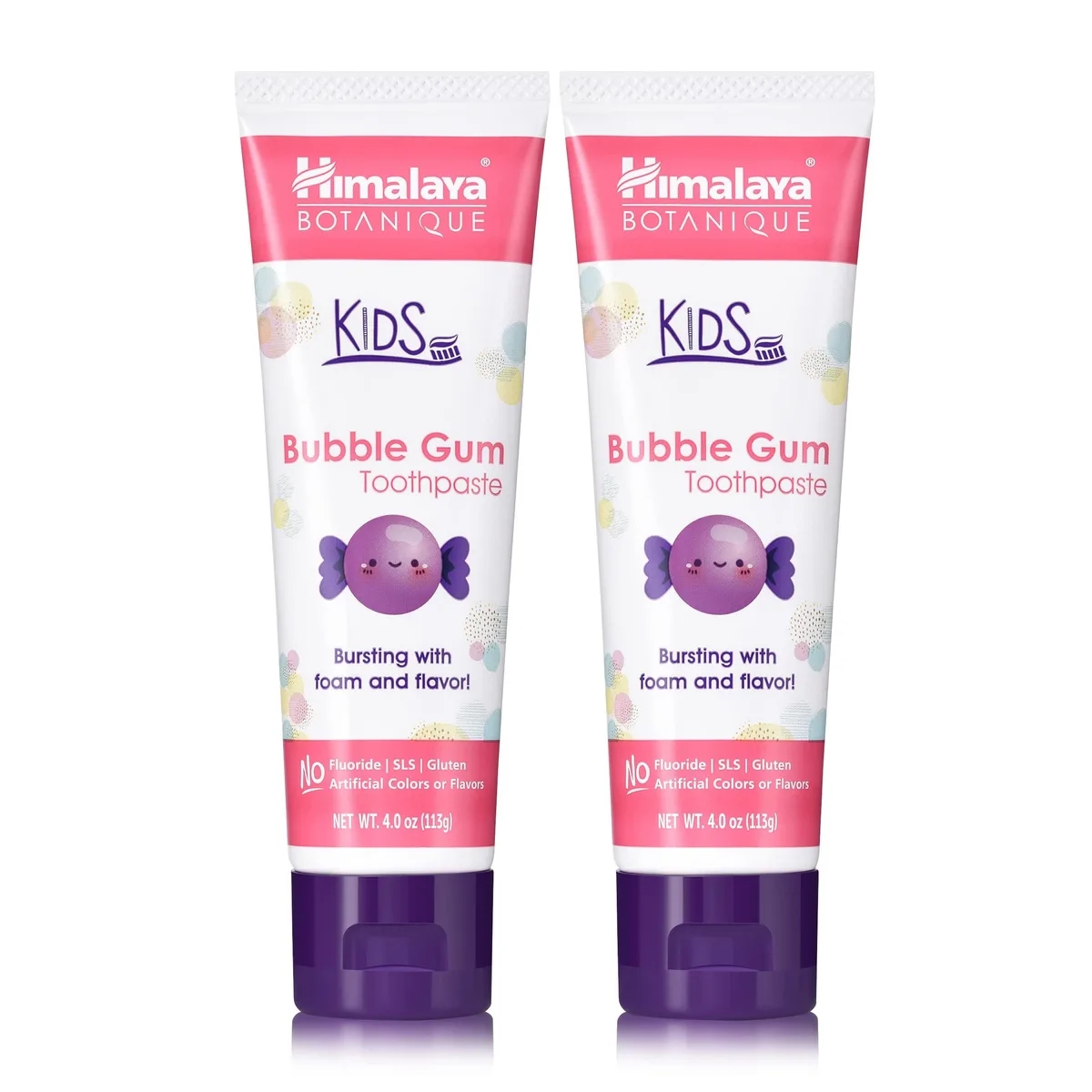 Two white squeeze tubes with bubble gum graphics and green caps