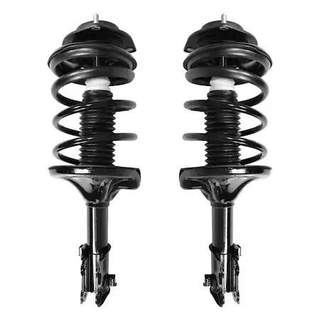 Two silver front strut assemblies with coiled springs and top mounts, new condition