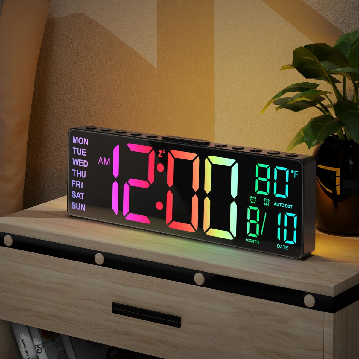 Black rectangular digital clock with large LED display showing time date temperature