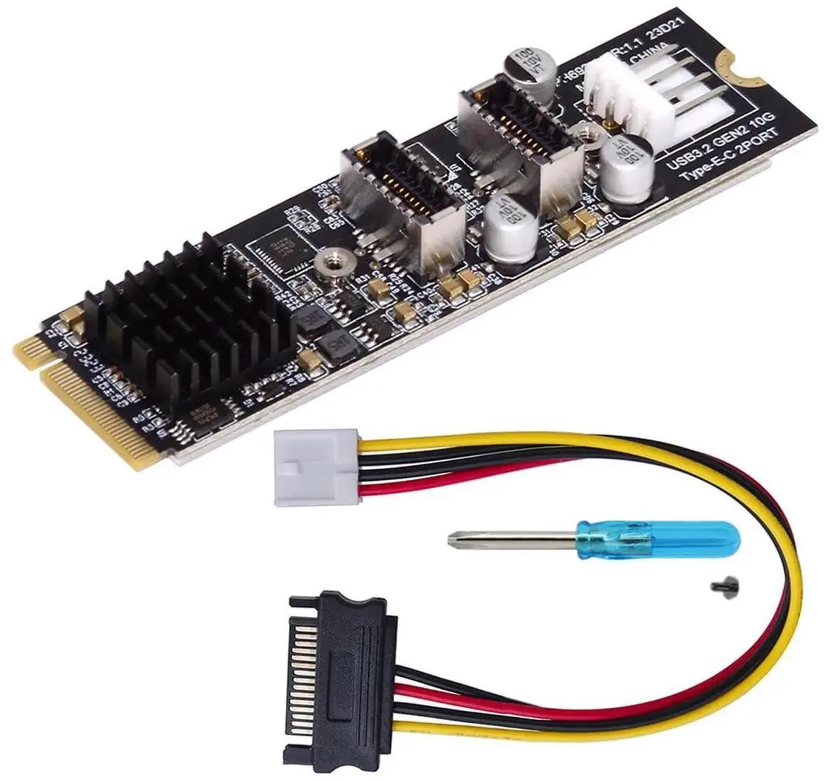 Small green circuit board with M-Key edge connector and two 20-pin Type-E headers