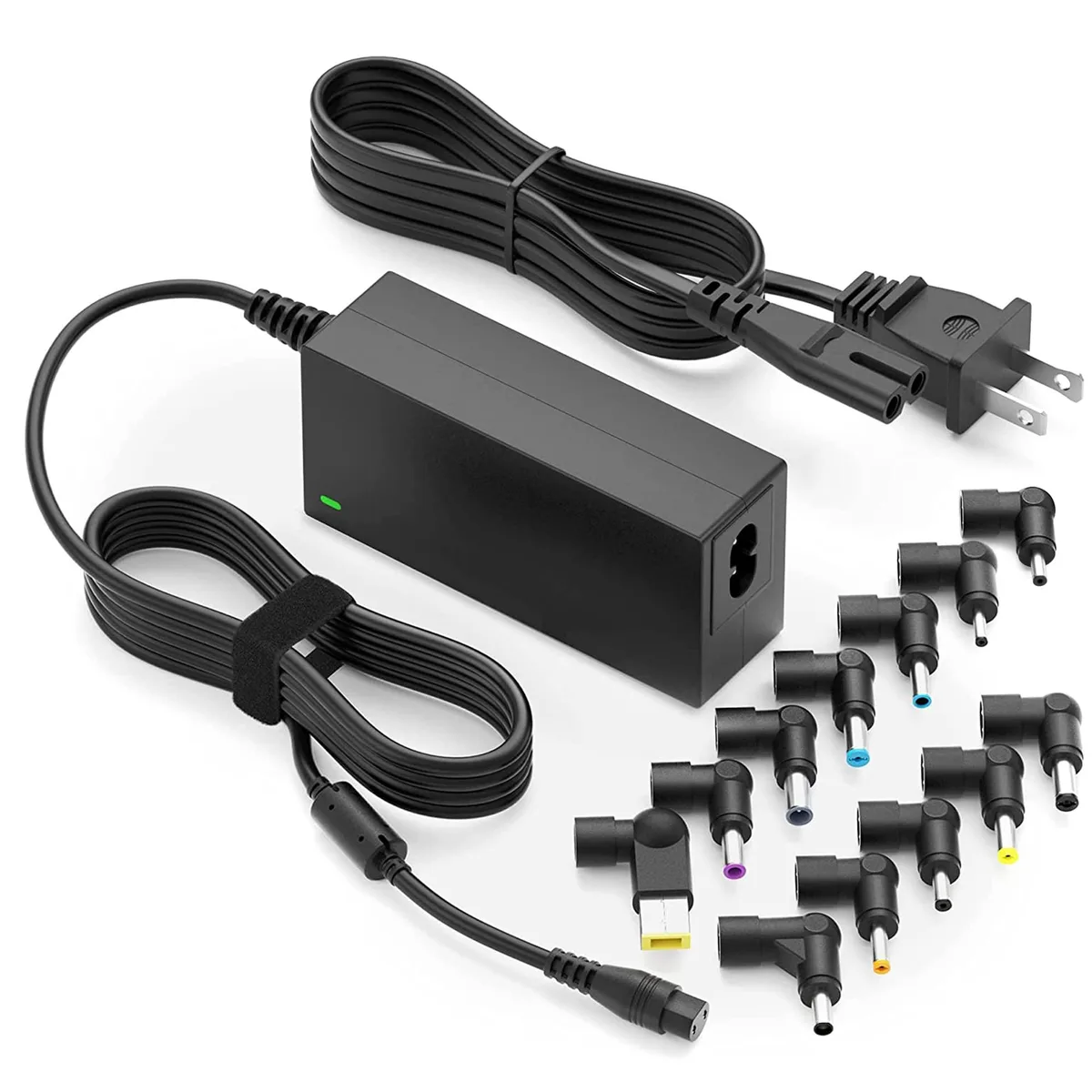 Compact black 45W universal laptop charger with detachable power cord and multiple interchangeable tips
