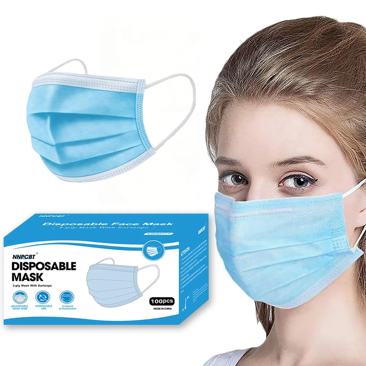 Blue disposable face masks in rectangular box, 100 count