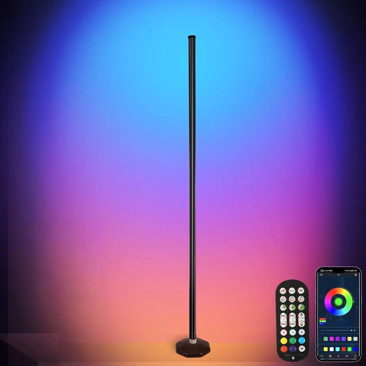  PTVGS LED RGB Corner Floor Lamp 10W 57in 1000lm 4500K 300+ Scenes Music Sync Timer Adjustable Height — product photo
