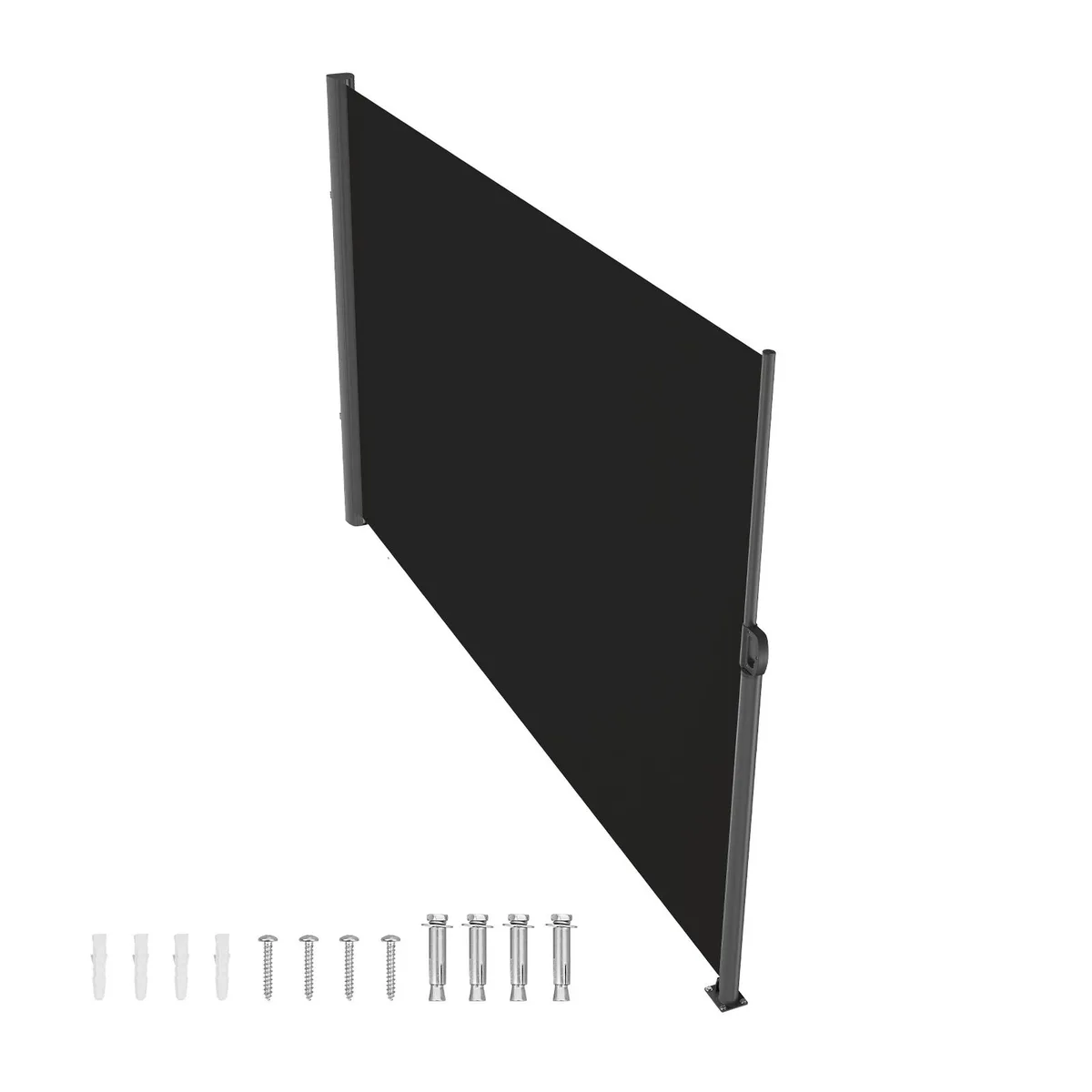Black retractable side awning with aluminum frame and polyester fabric, extended to 71 by 118 inches