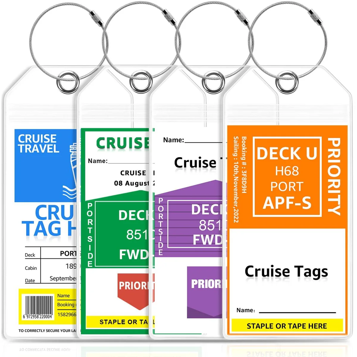 Four clear plastic luggage tag holders with metal loops and eyelets