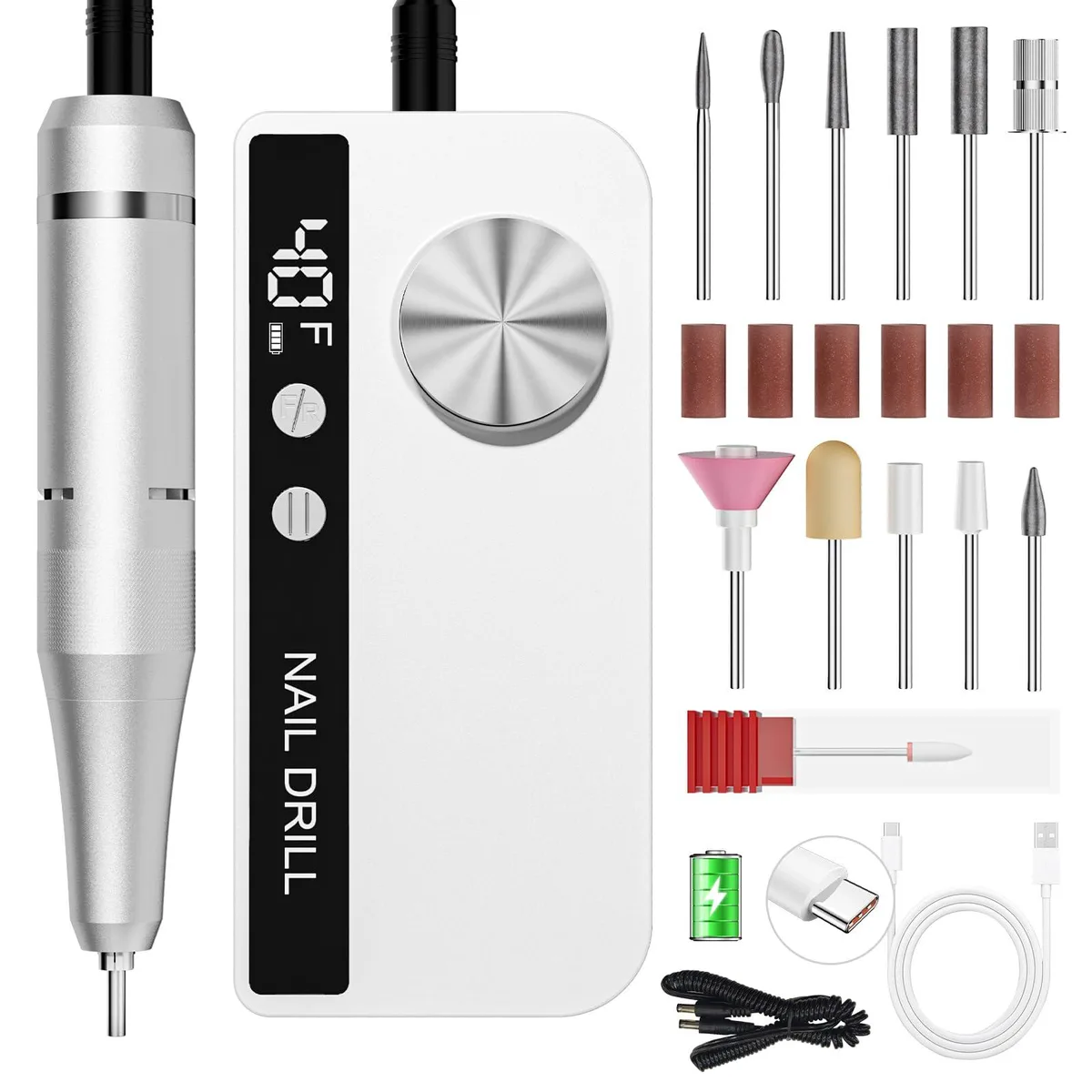 White pen-style electric nail drill with textured aluminium body and 12-piece bit set