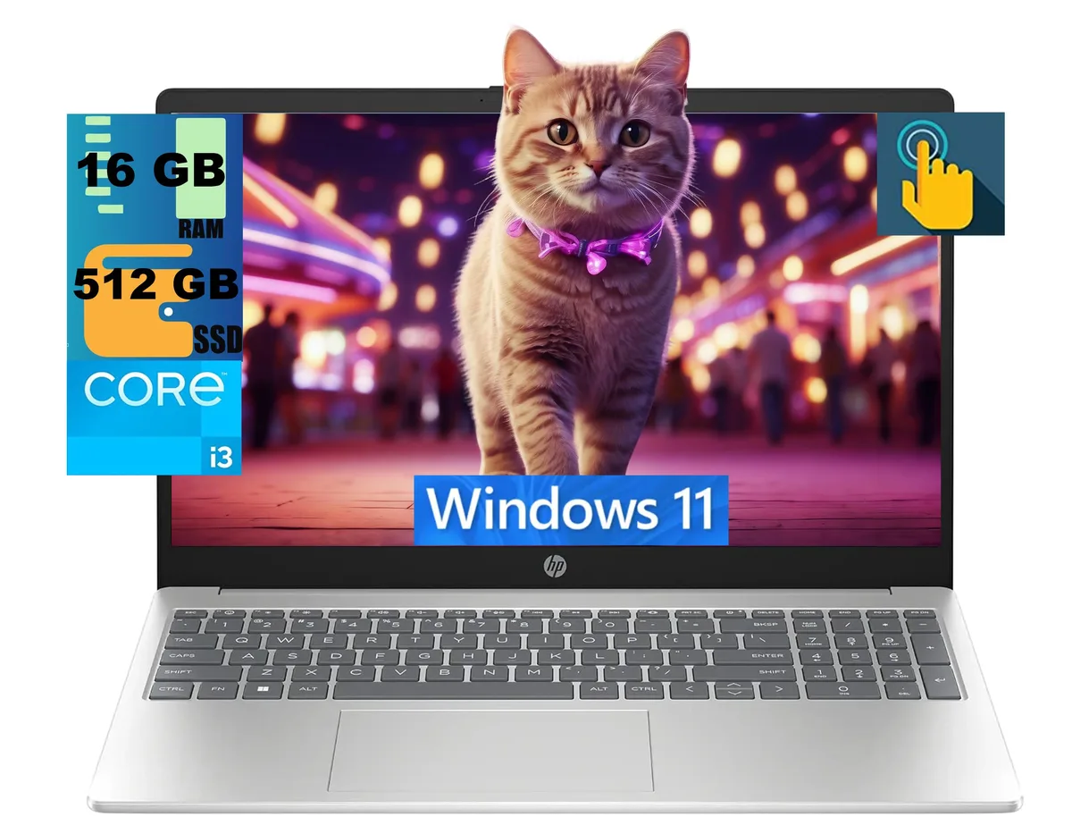 HP HP 15 laptop i3-1315U 6-Core 16GB 512GB SSD 15.6" HD 1366x768 Touchscreen Silver Wi-Fi 6 720p Camera — product photo
