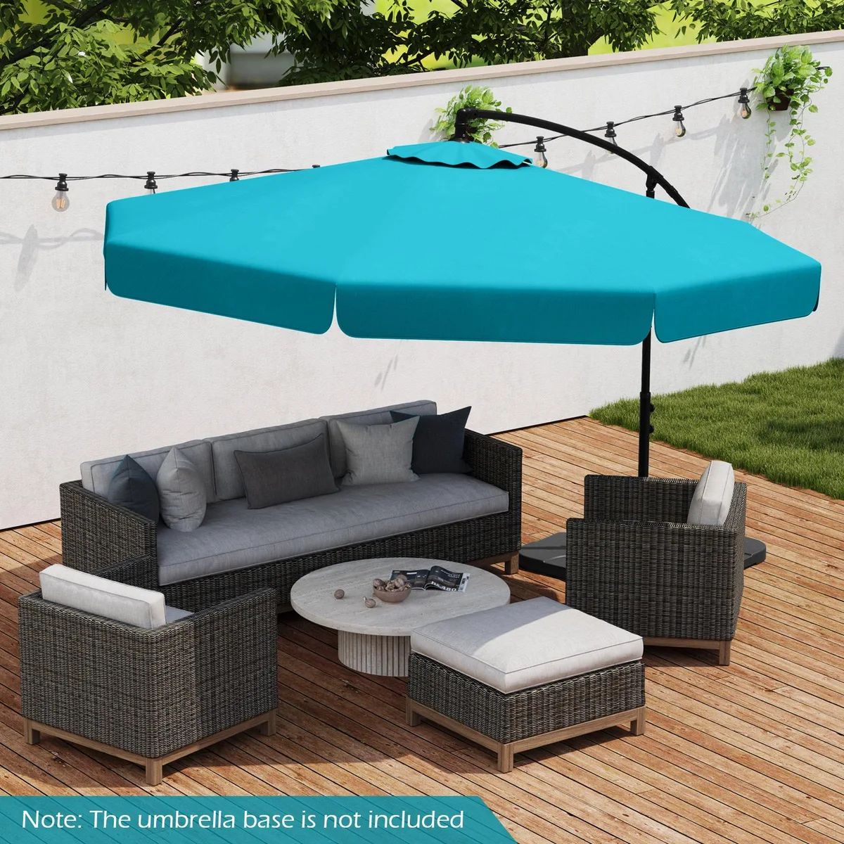 Turquoise cantilever umbrella with ruffled edge and crank handle
