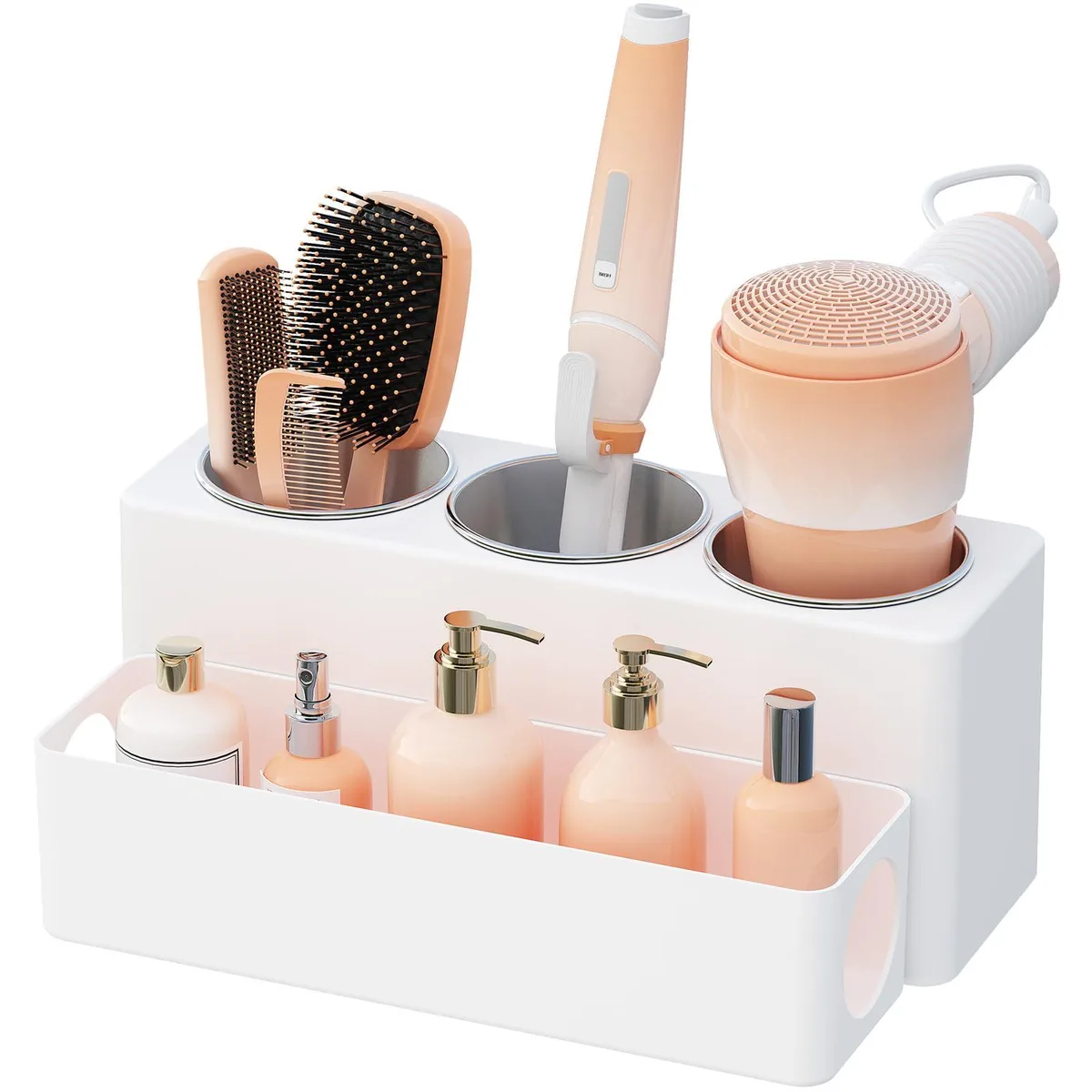 White ABS bathroom organiser with three stainless steel cups, 30 cm wide