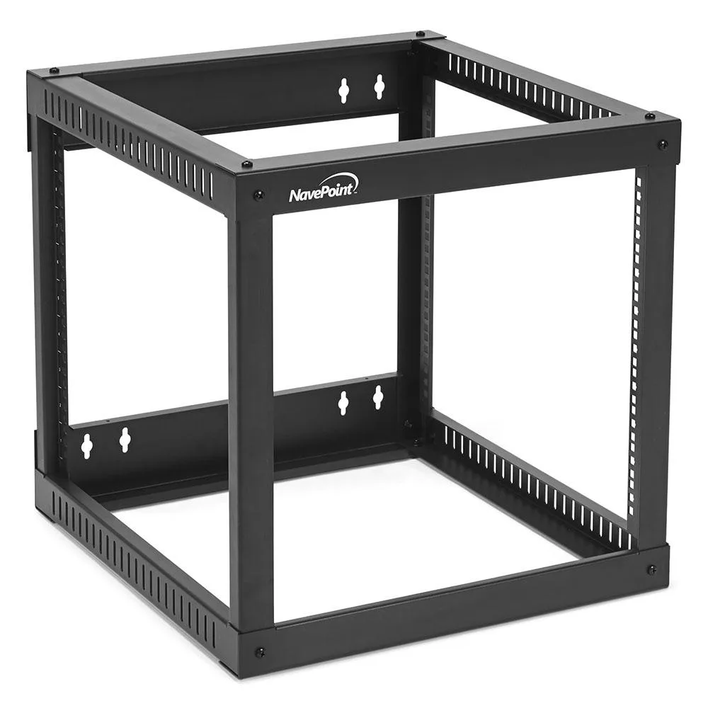Black open-frame 9U wall-mount rack, side-load design, 22-inch depth, steel construction