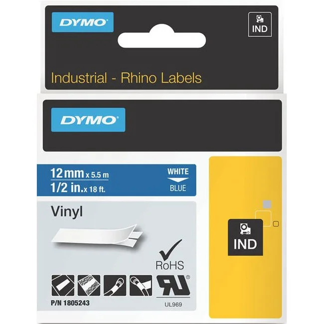 Newell Rubbermaid Newell Rubbermaid Dymo White on Blue Label 15/32" x 18 ft Vinyl Thermal Transfer Blue — product photo