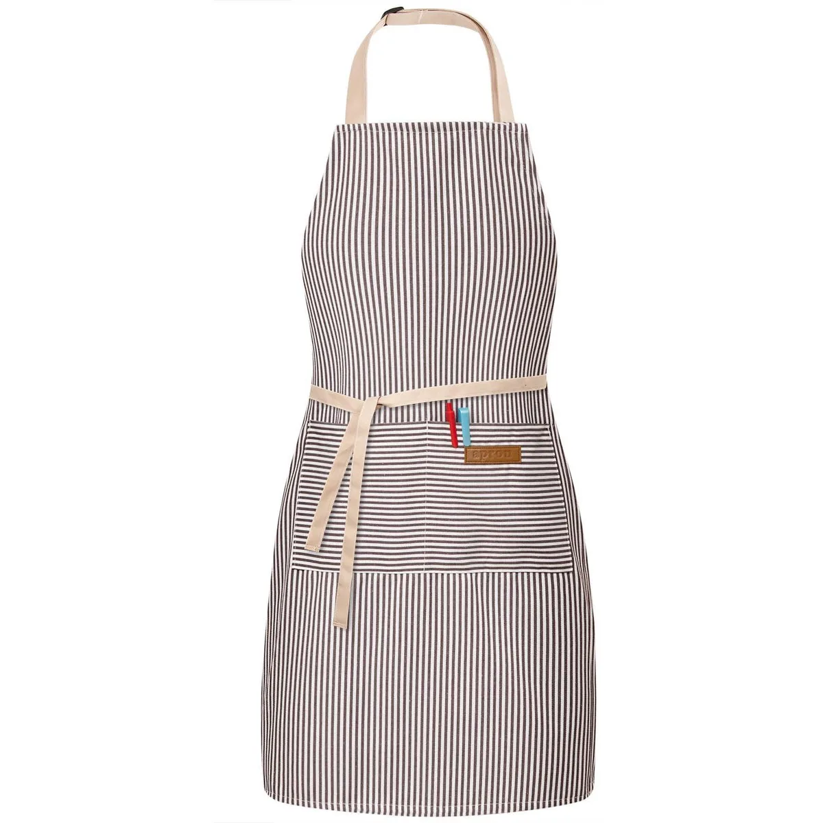 Brown striped polyester bib apron with two front pockets, adjustable neck and waist straps
