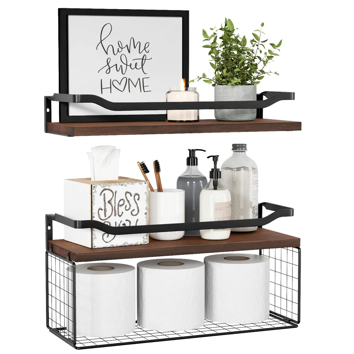 Dark brown floating wood shelf with wire basket and metal guardrail