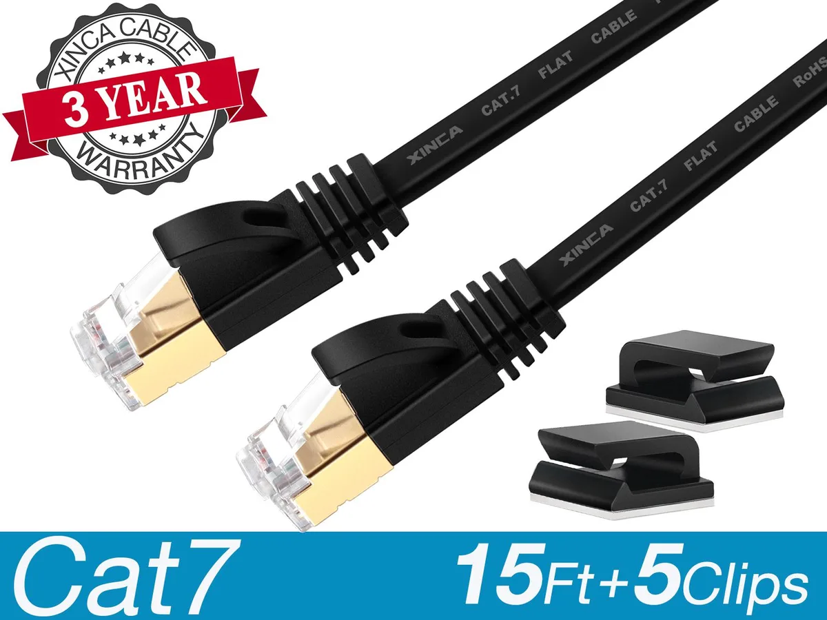 XINCA XINCA Cat7 Flat Ethernet Cable 15ft Black 10Gbps 600MHz STP 5 Clips — product photo