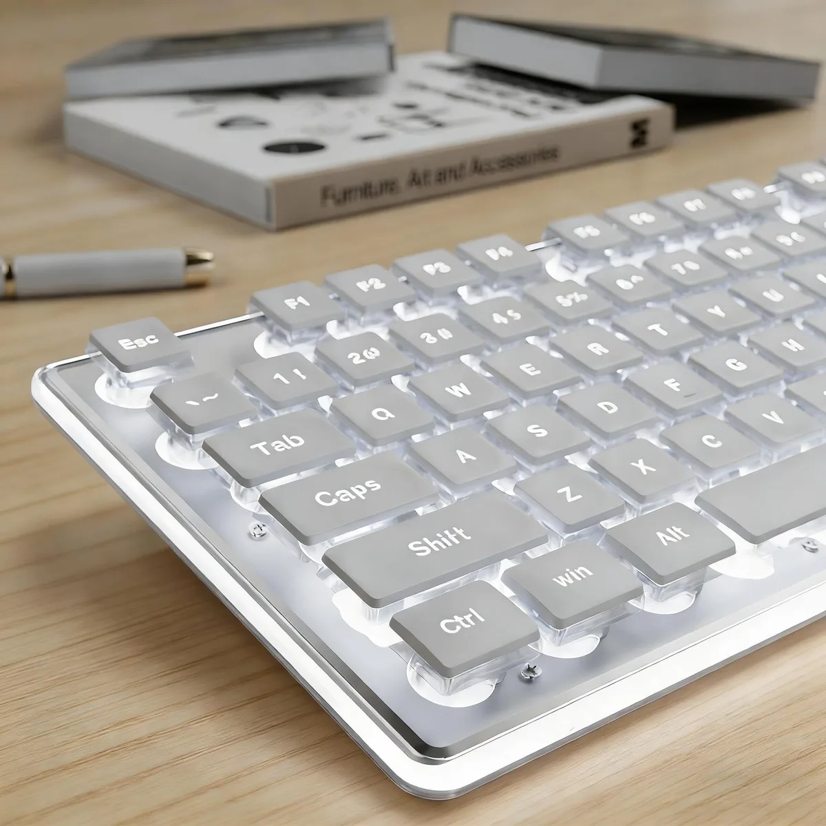White full-size wired keyboard with translucent pudding keycaps and white backlighting