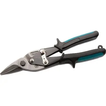 Green-handled 10 inch aviation snips with right-cut jaws