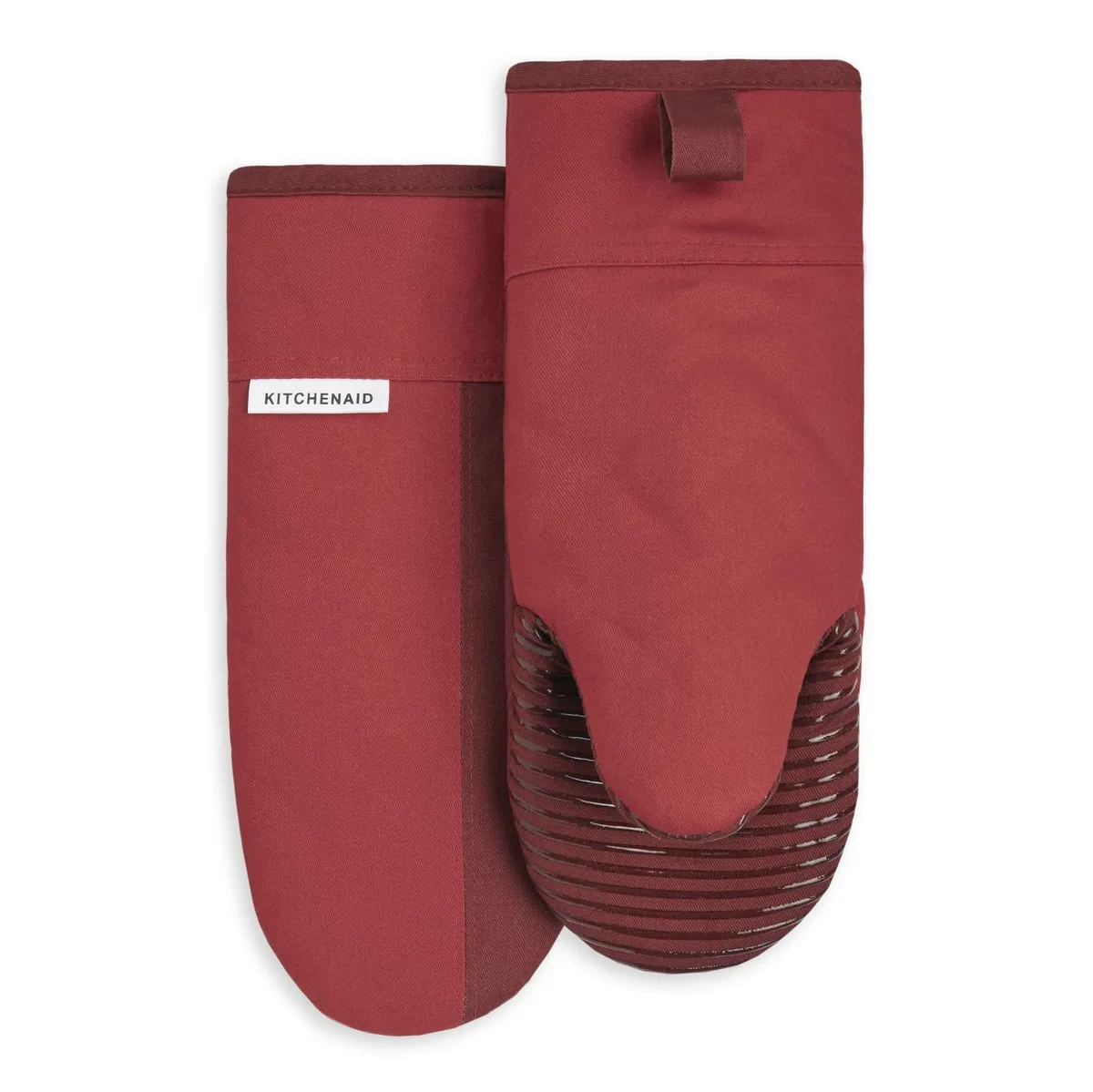 Two red mini oven mitts with silicone grip and hanging loops, 5.75 by 13 inches