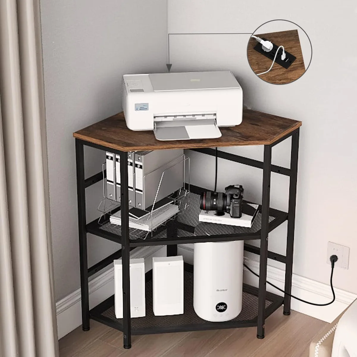 Brown corner printer stand with polygonal shape, power outlet, USB ports, adjustable grid shelf