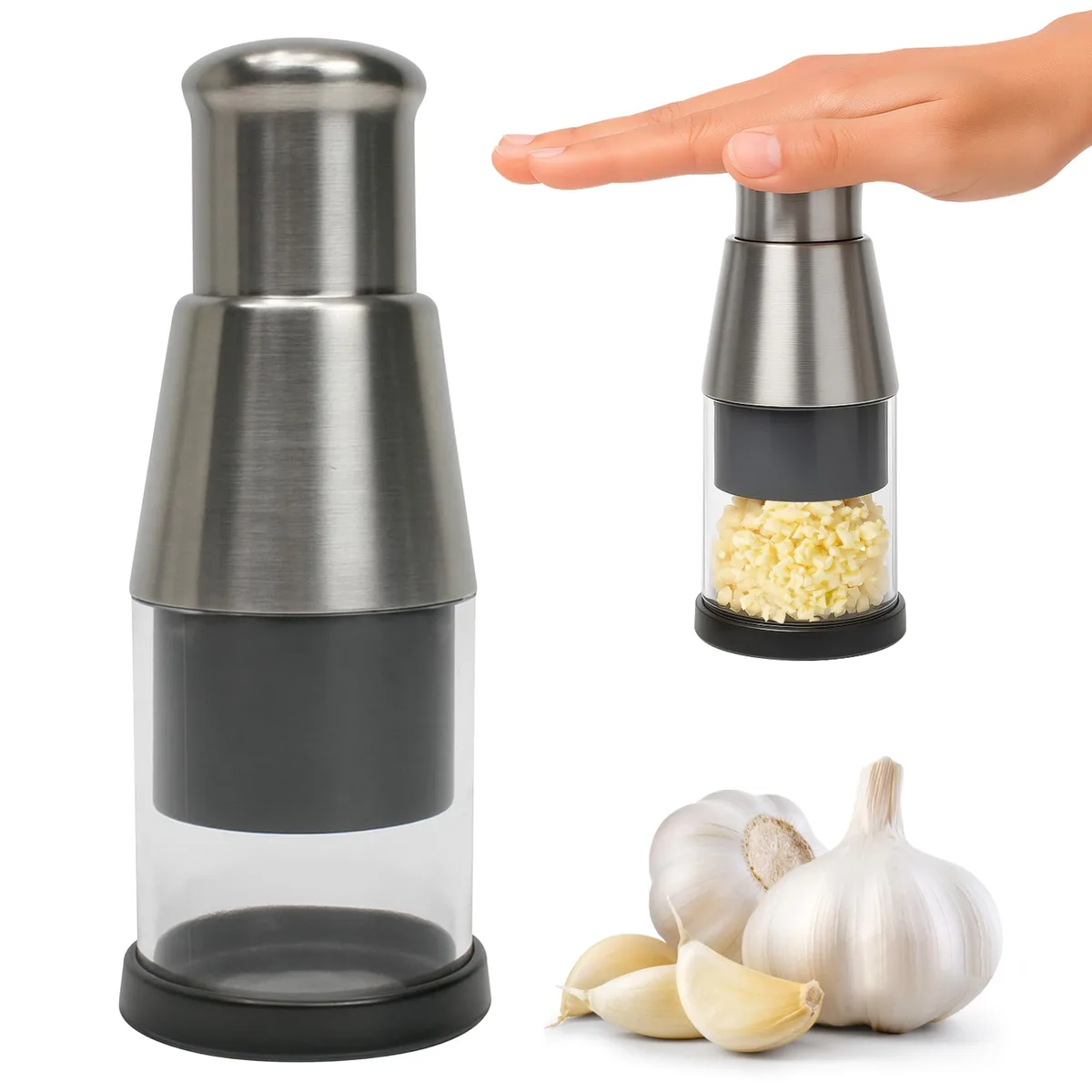 Silver handheld garlic press, compact stainless steel and plastic body, manual lever on top