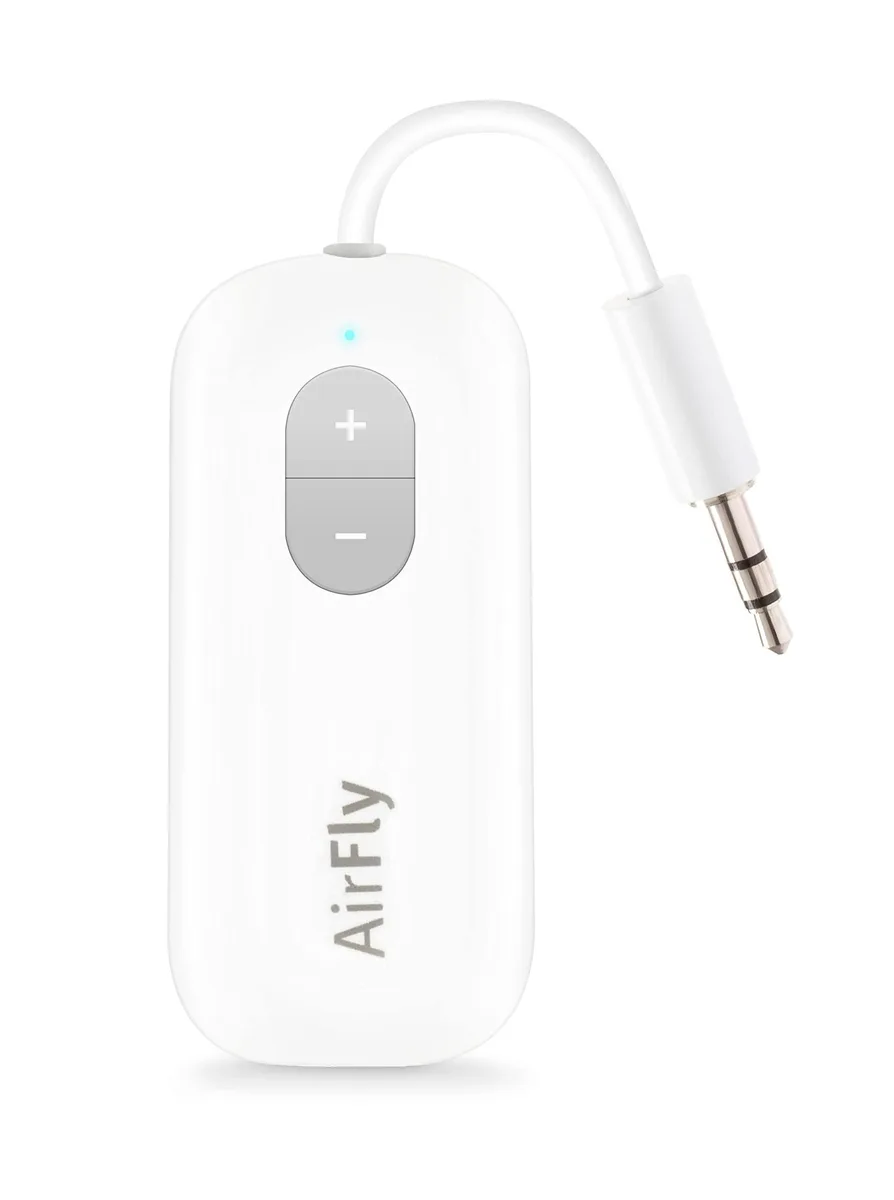 Small white Bluetooth 5.2 audio transmitter with 3.5 mm jack