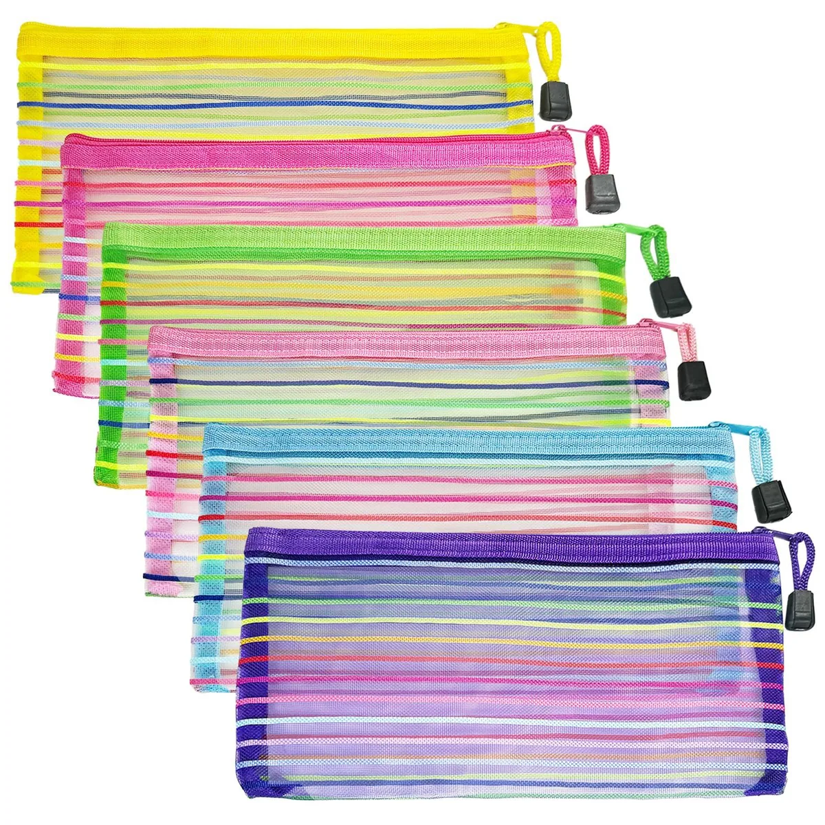 Six small zippered mesh pouches in assorted pastel stripes, lightweight nylon construction