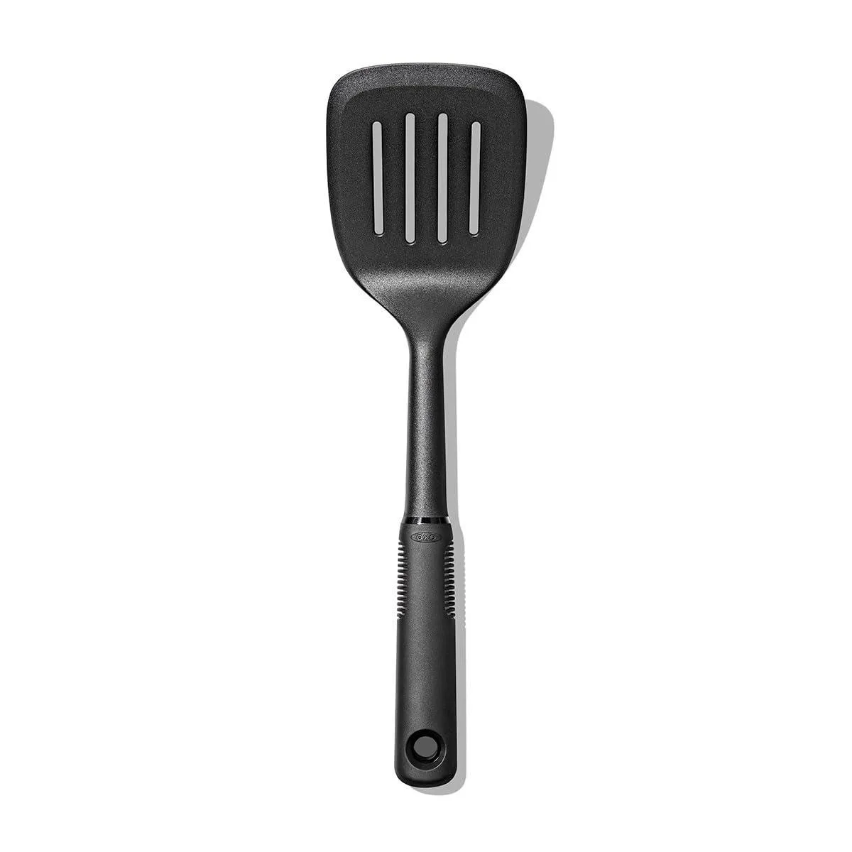 Black nylon slotted turner with soft non-slip handle
