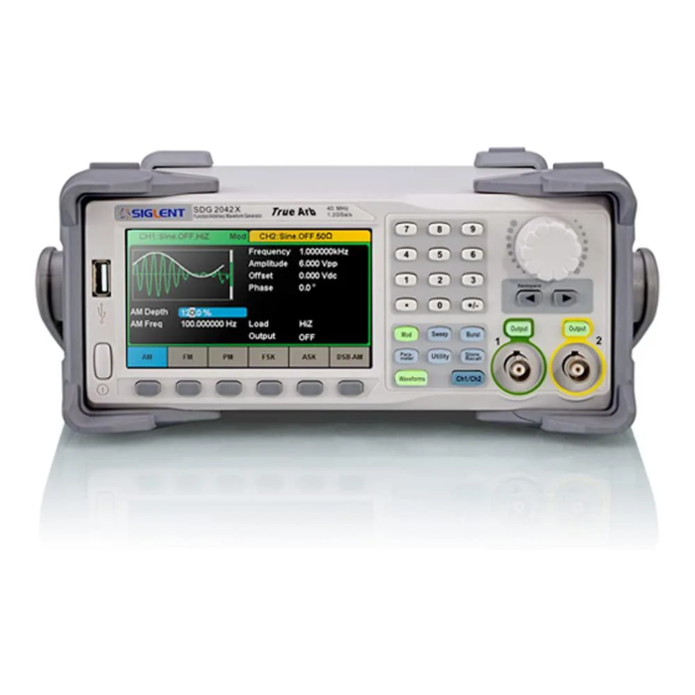 Grey bench-top function generator with dual-channel controls and a colour touch screen display
